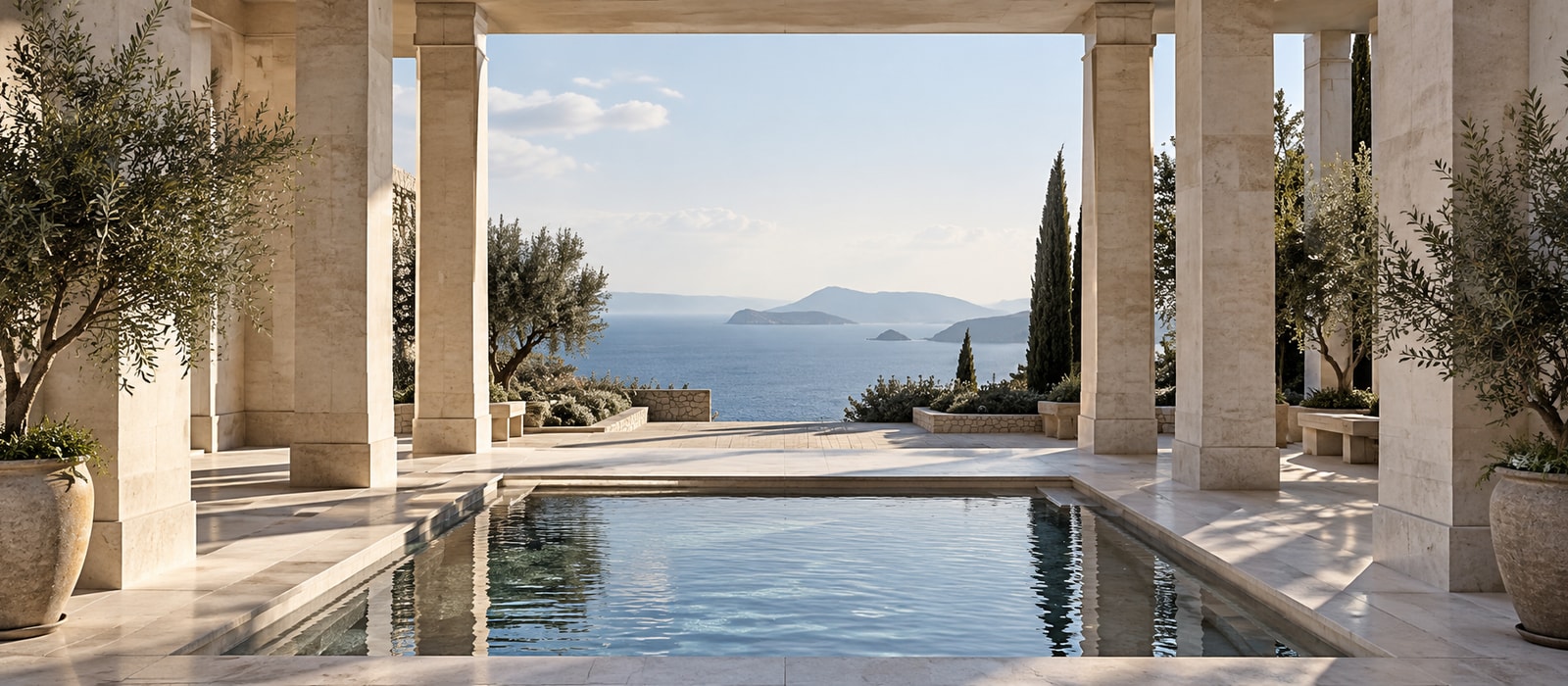 A pale stone colonnade overlooking the sea.