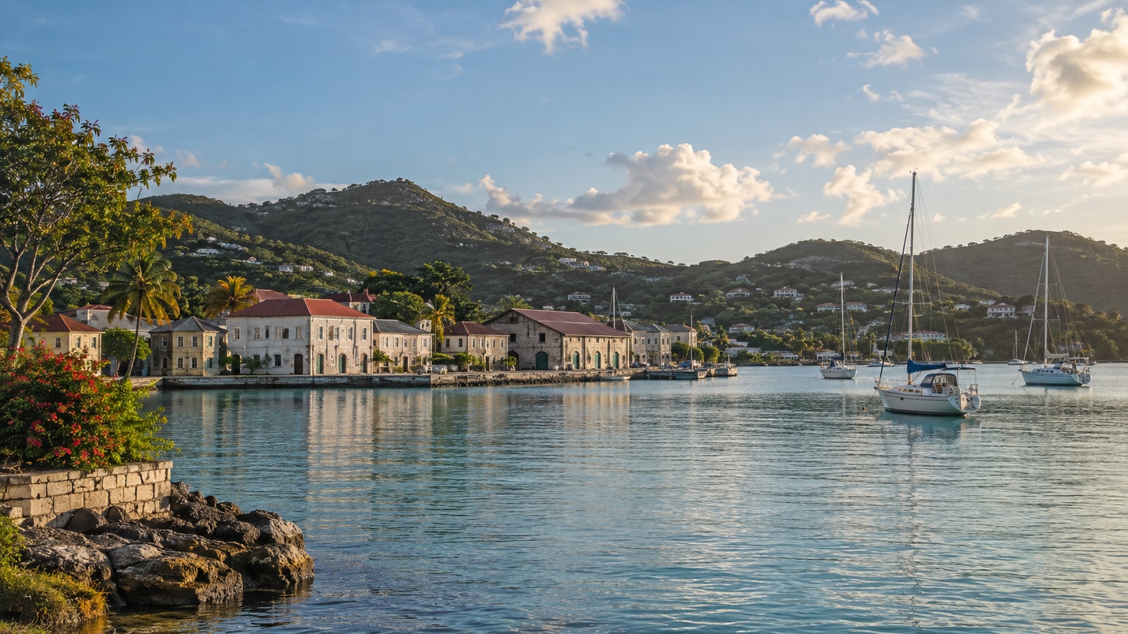 Quiet waterfront and tropical coastal vegetation.