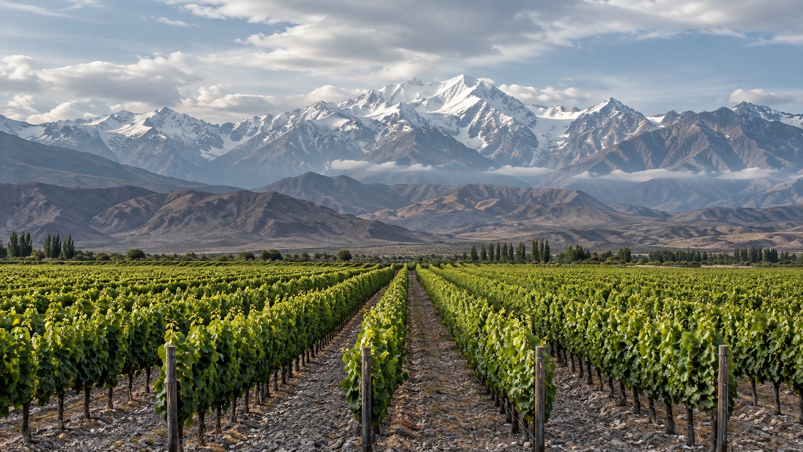 Rows of green vines beneath foothills and snow-covered mountains.