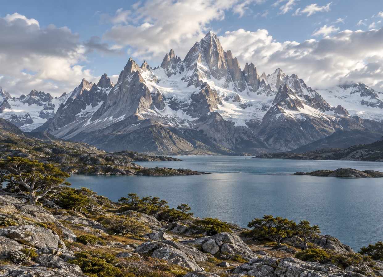 Jagged snow-covered mountains beyond a blue lake and rocky shoreline.