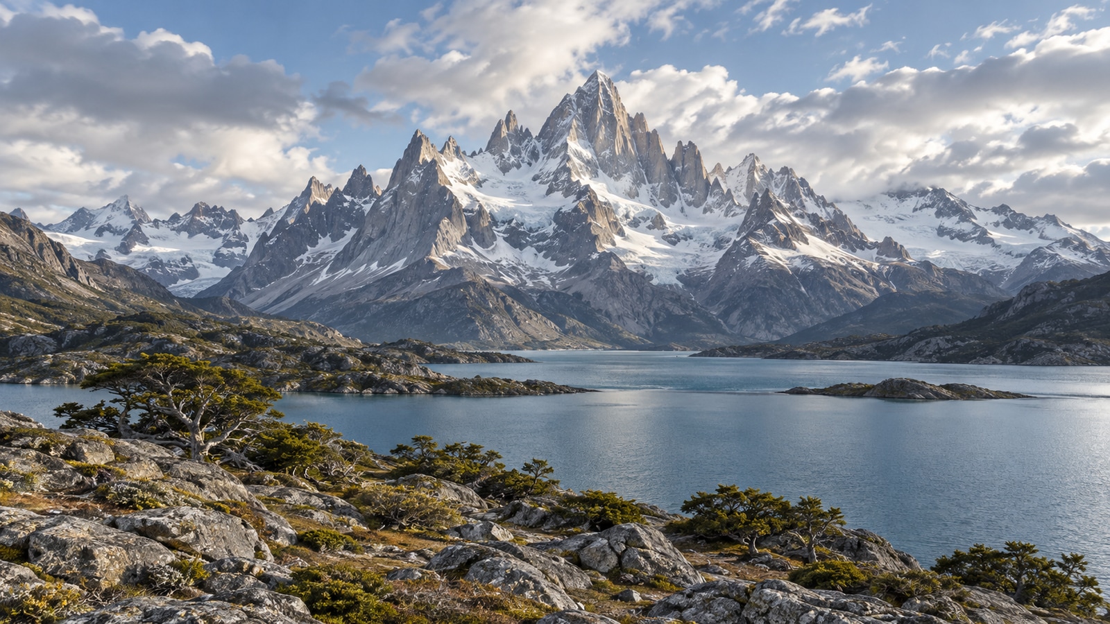 Jagged snow-covered mountains beyond a blue lake and rocky shoreline.