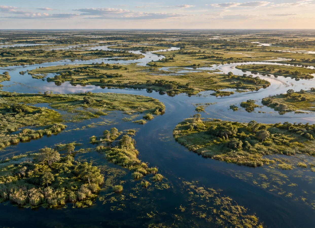 Winding channels through flat green wetlands.