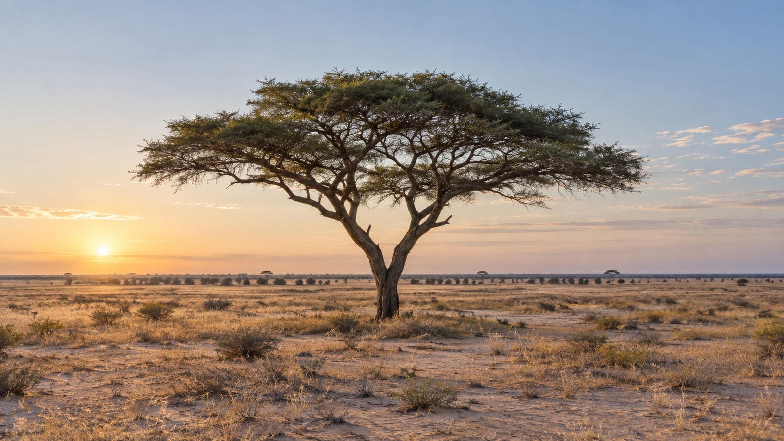 A lone acacia tree in open dry grassland.
