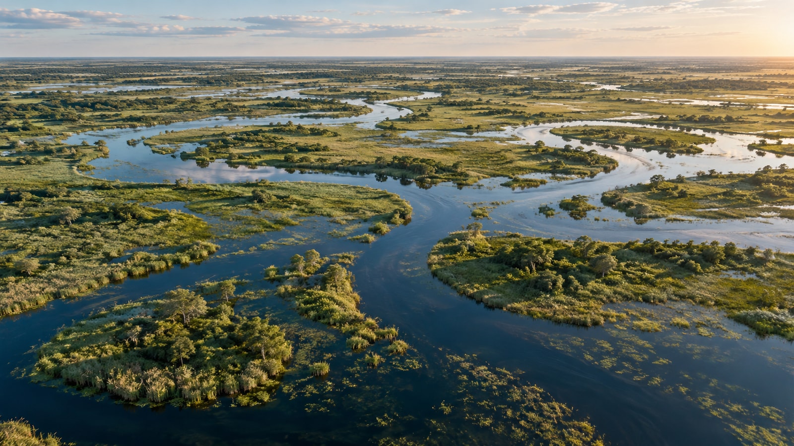 Winding channels through flat green wetlands.