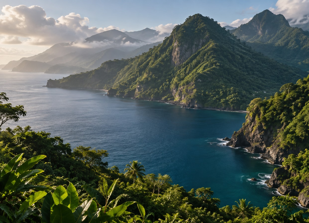 Forested volcanic hills above a tropical coast.