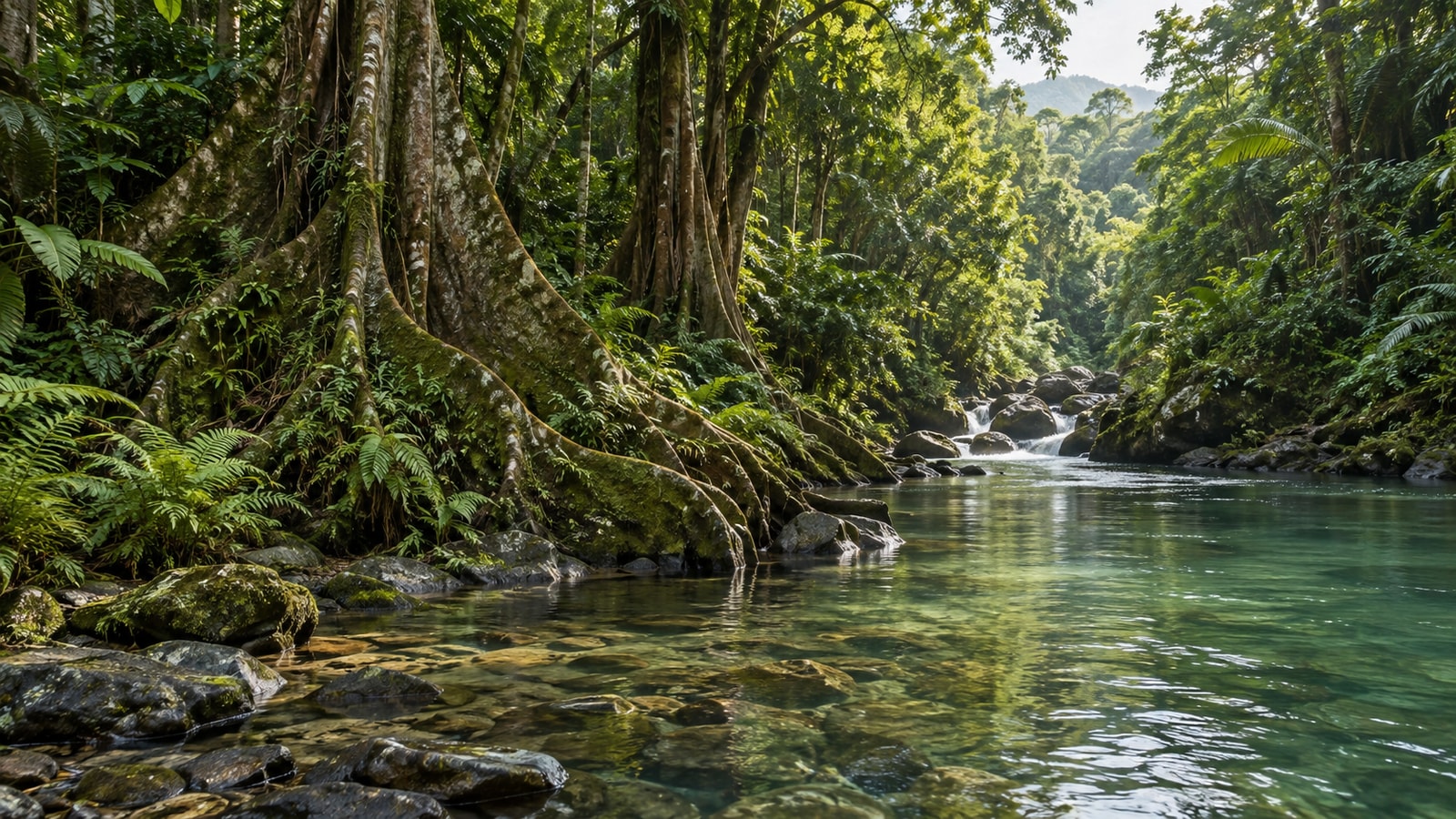 A calm river beneath dense tropical forest.