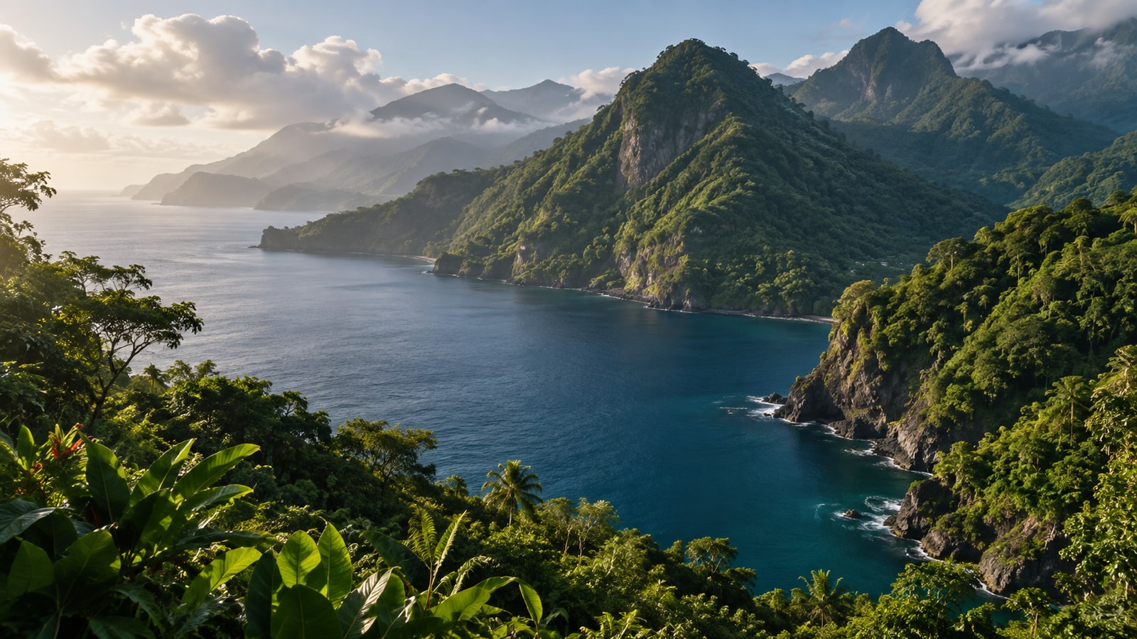 Forested volcanic hills above a tropical coast.