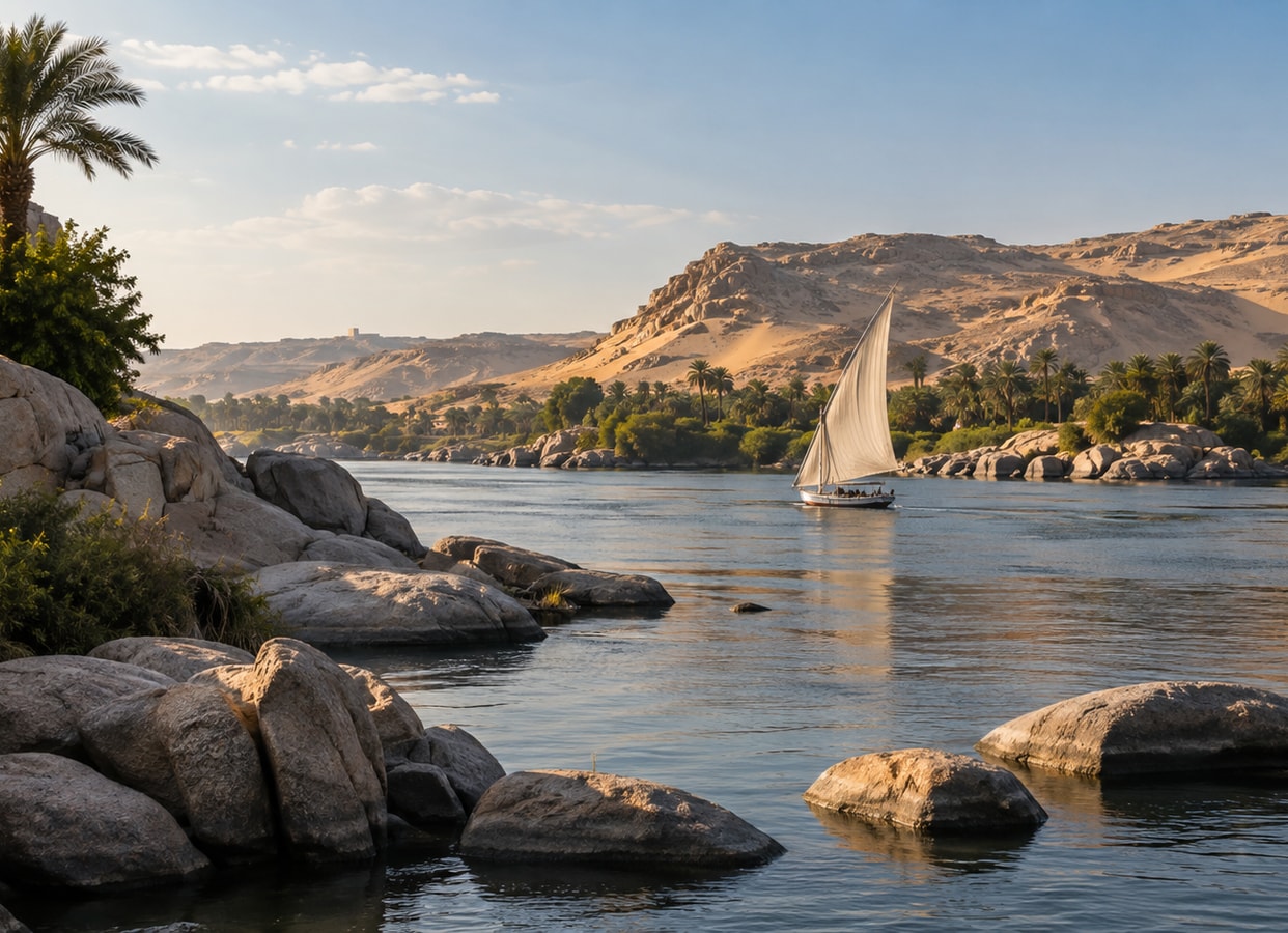 A broad river between fertile green banks and dry hills.