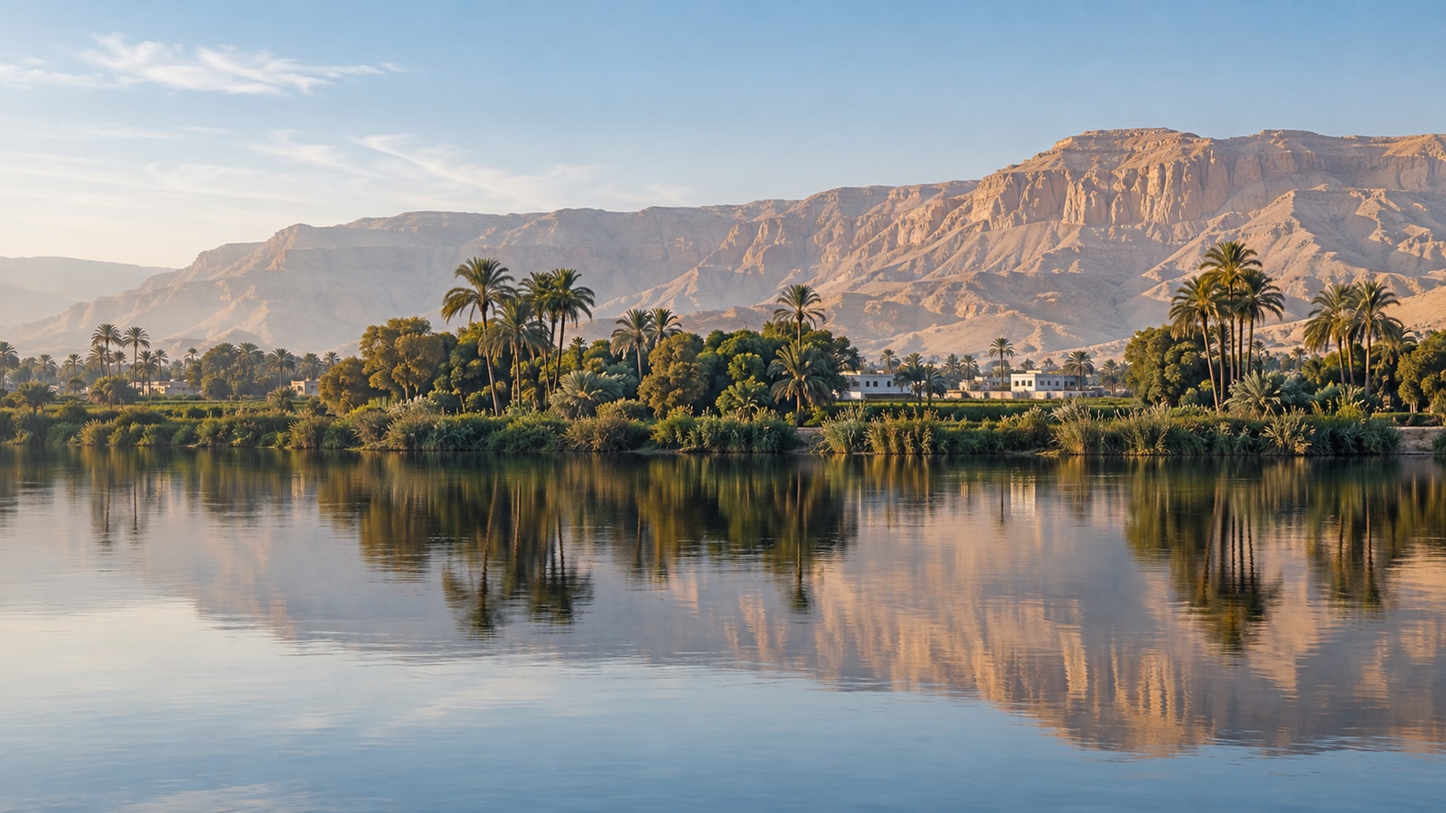 Water and palm-lined riverbank beside arid terrain.