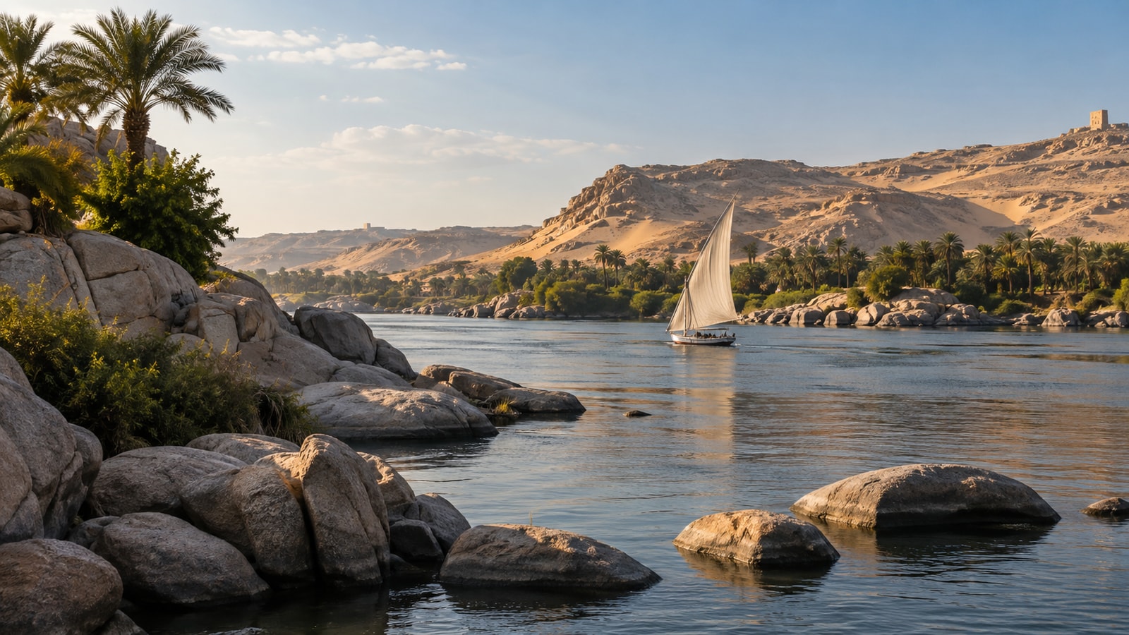 A broad river between fertile green banks and dry hills.