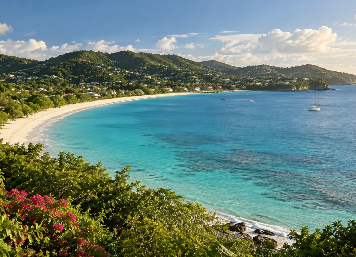 A curved sandy bay beneath low green coastal hills.