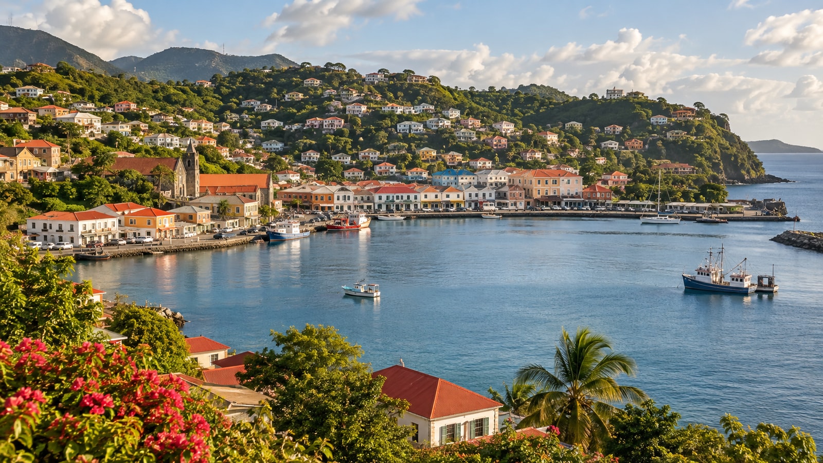 Colourful waterfront buildings around a calm harbour.
