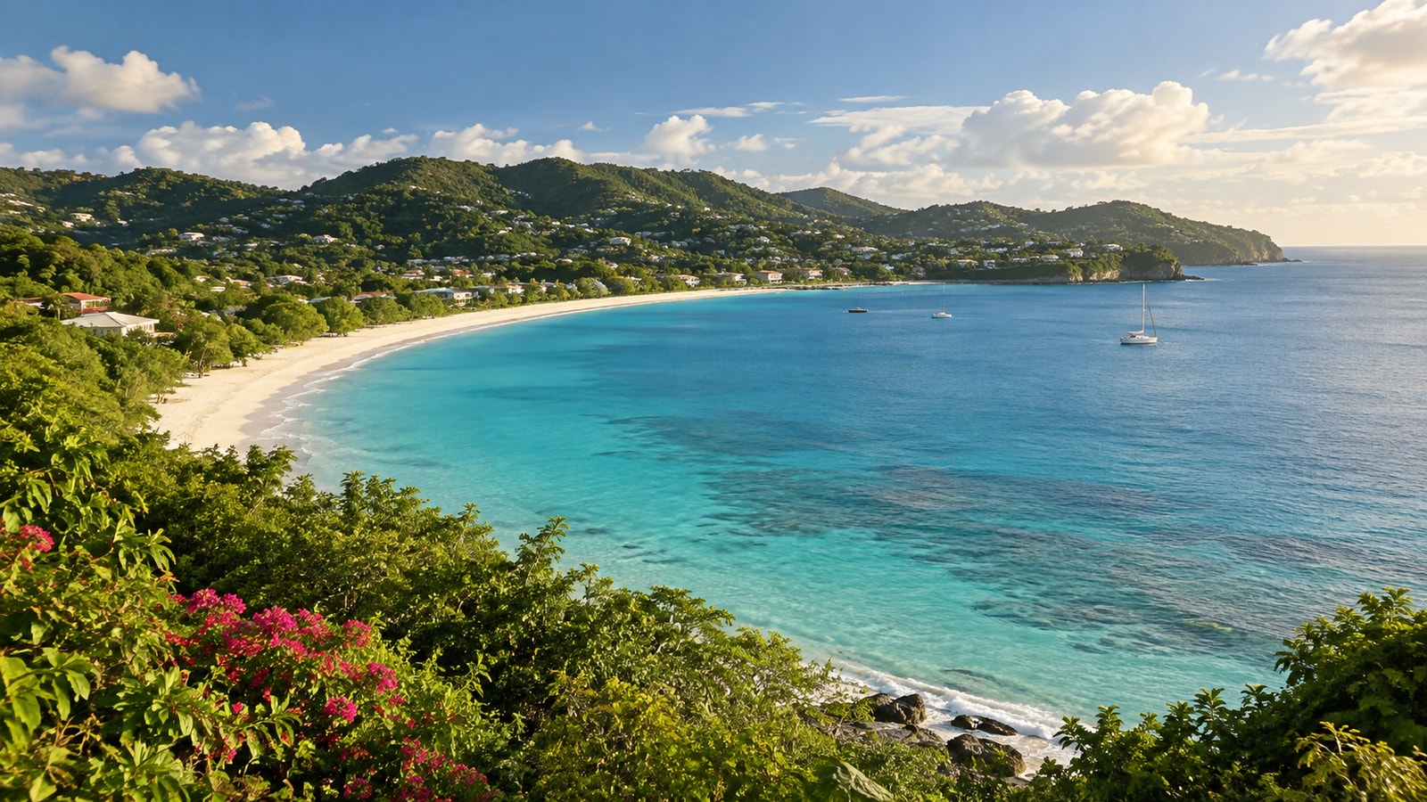 A curved sandy bay beneath low green coastal hills.