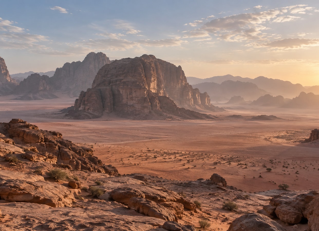Sandstone cliffs above an open desert valley.