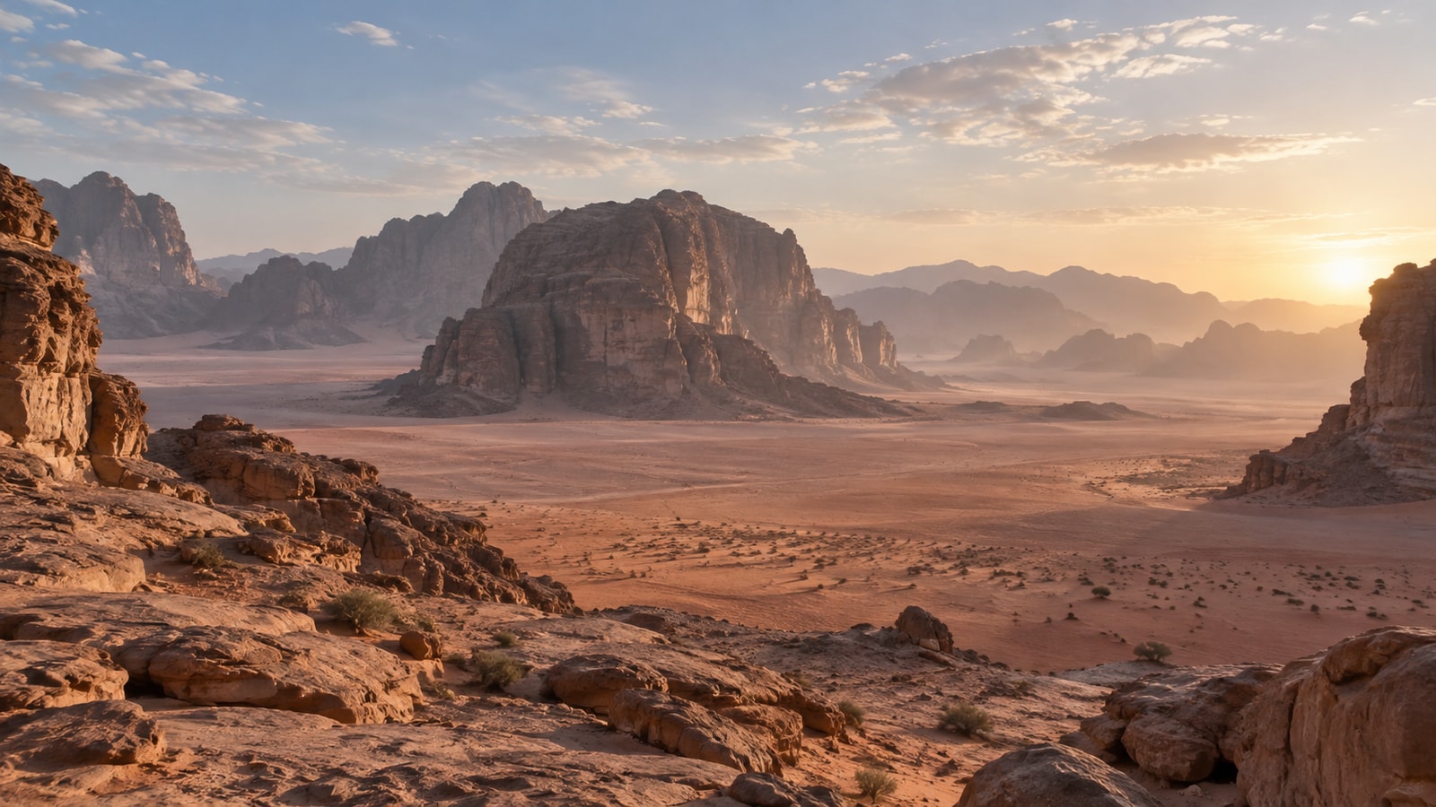 Sandstone cliffs above an open desert valley.