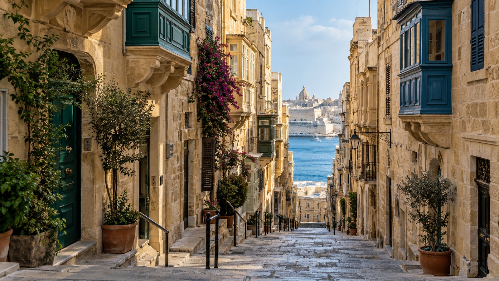 A quiet stone lane with traditional balconies.