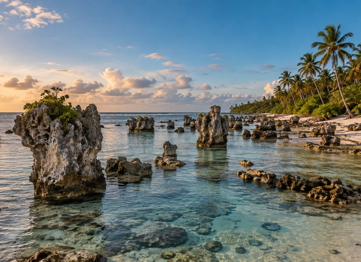 Rocky tropical shoreline and open ocean.