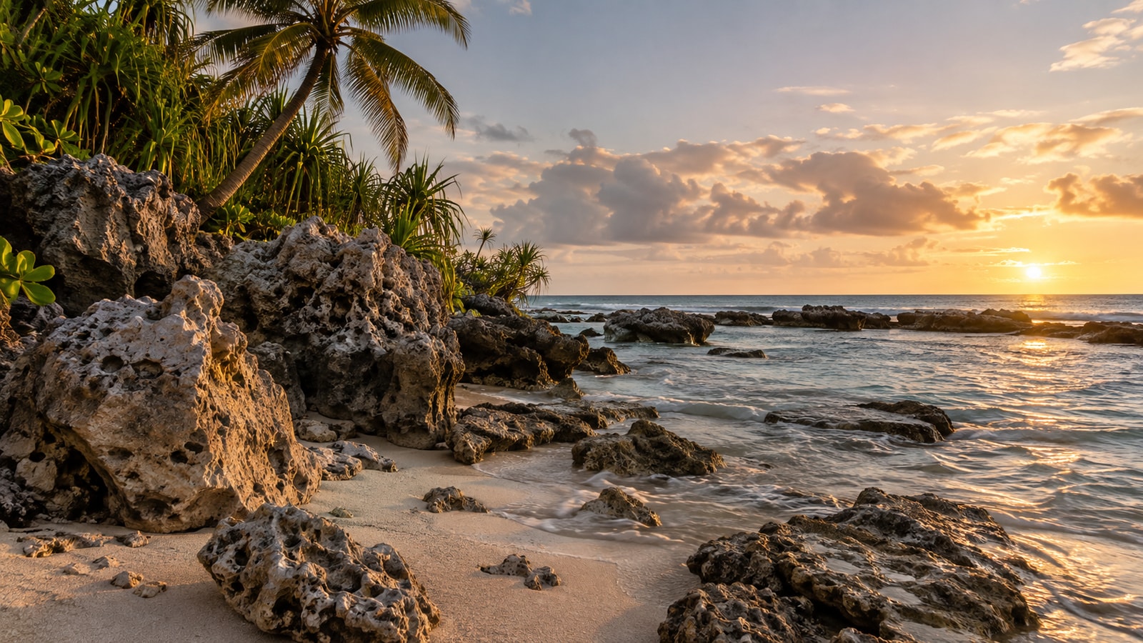 Weathered limestone formations and tropical vegetation.