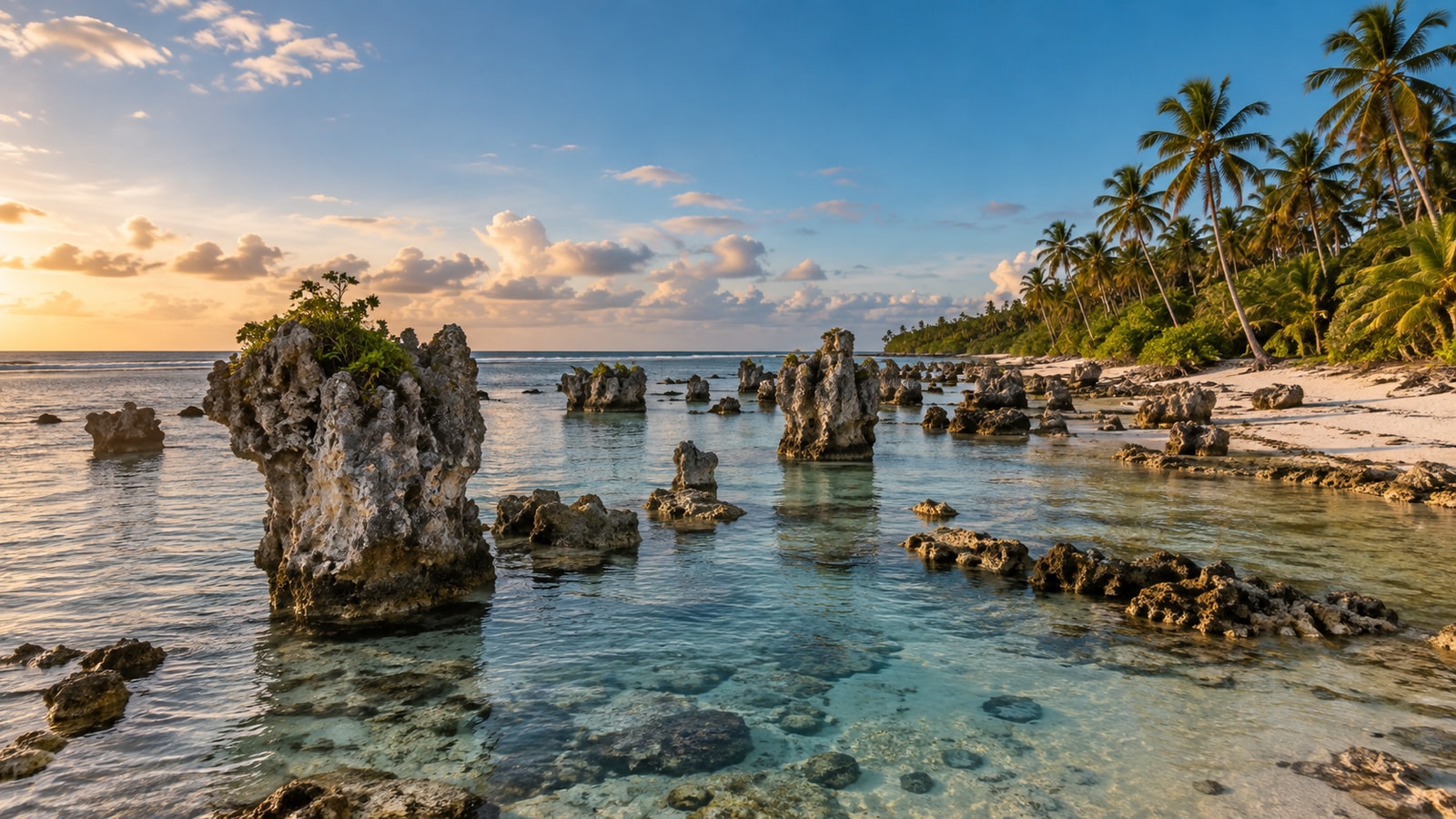 Rocky tropical shoreline and open ocean.