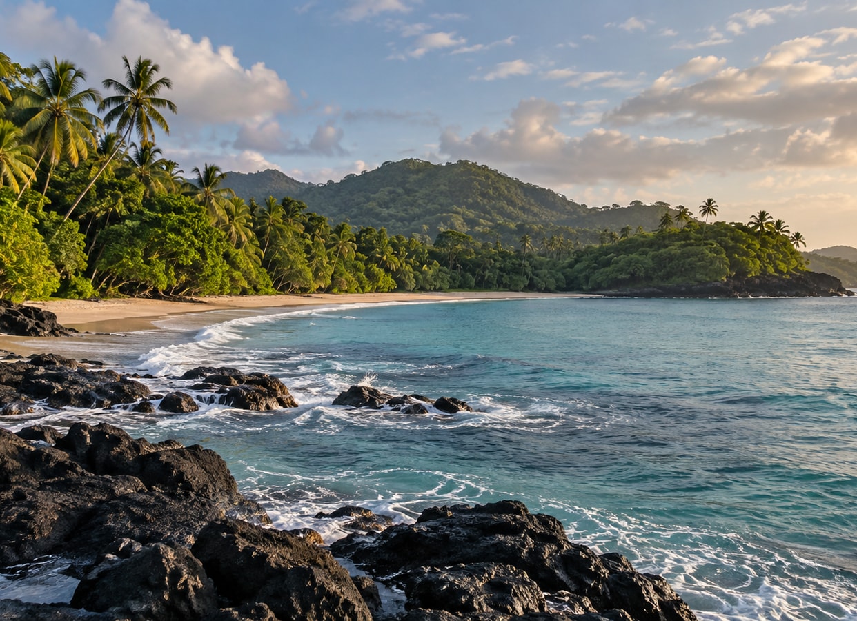 A rocky tropical shore beneath palms and low forested hills.