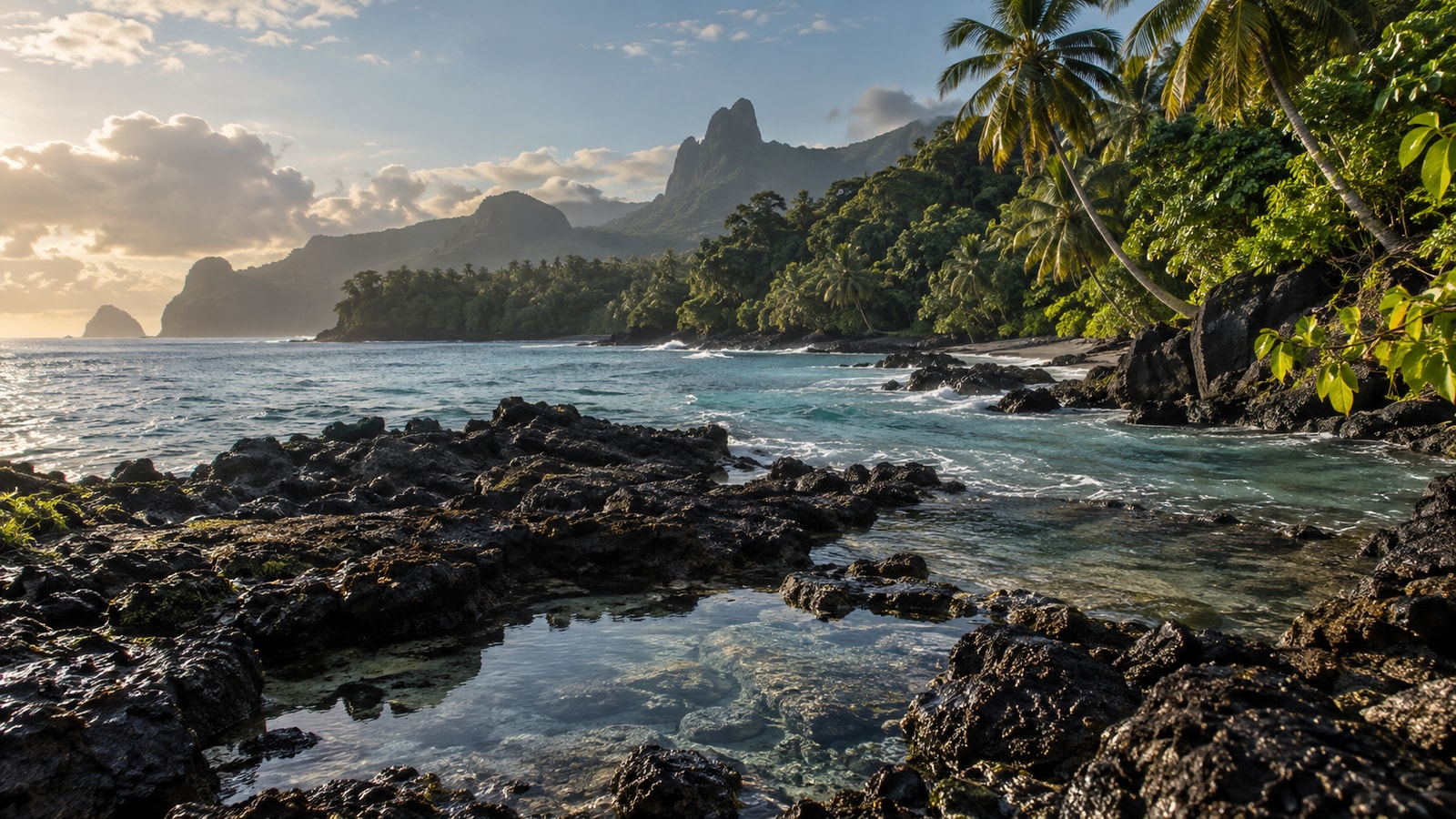 Black shoreline rocks and palms beside the sea.