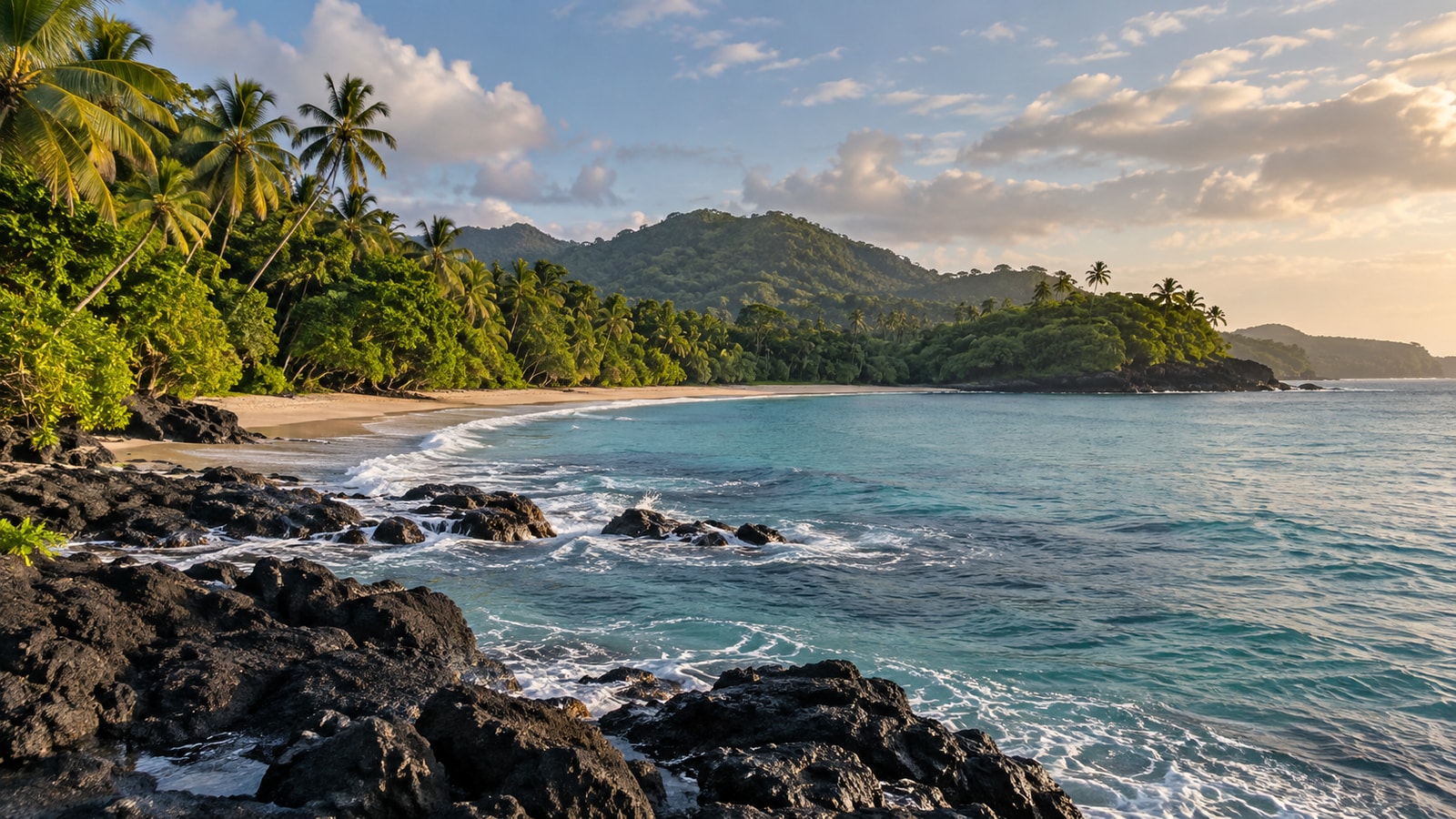 A rocky tropical shore beneath palms and low forested hills.