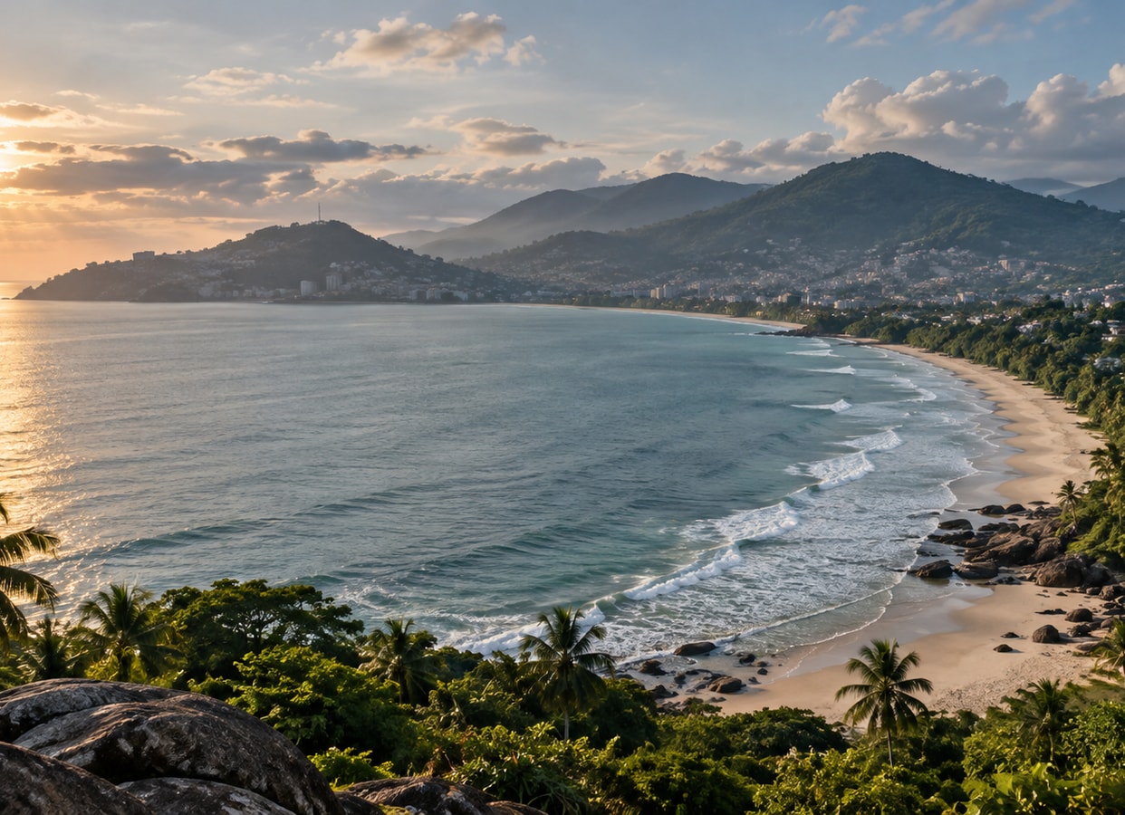 A long sandy bay beneath forested coastal hills.