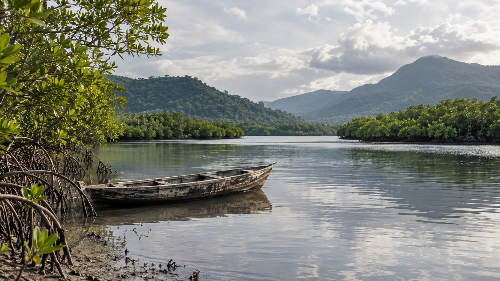 A small wooden boat beside a calm forest-lined river.