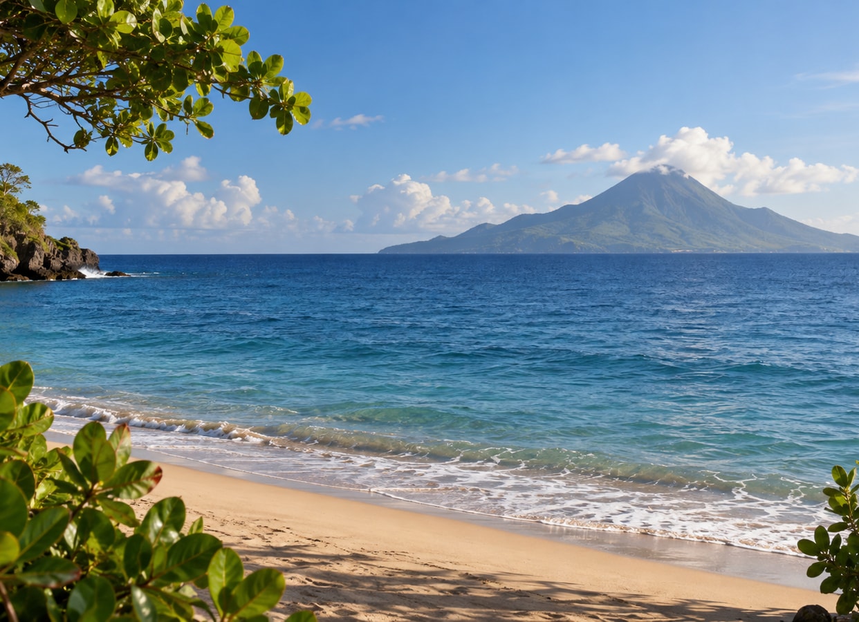 A sandy shore looking across blue water toward a distant volcanic island.