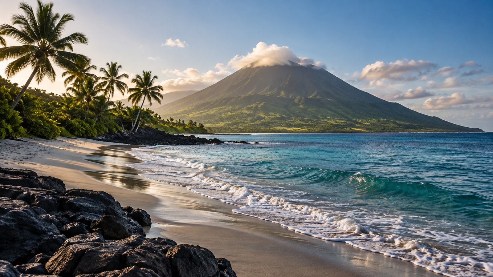 A palm-lined beach beneath a volcanic peak.