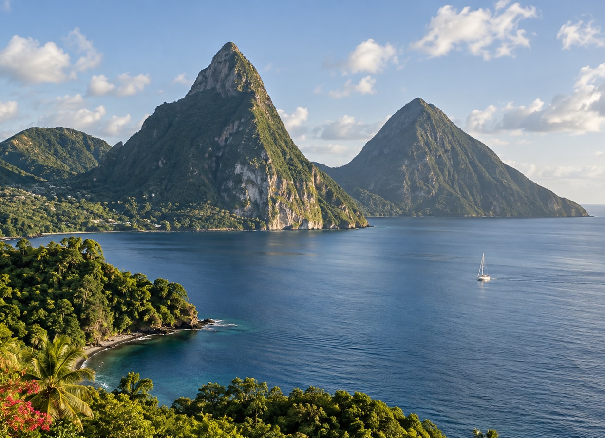 Steep forested peaks above a blue coastal bay.