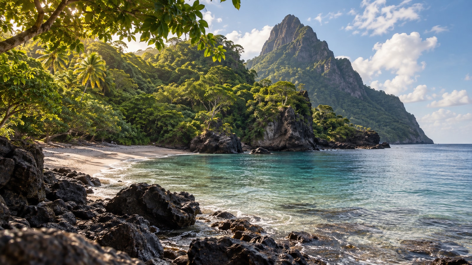 Lush tropical hills and coastal vegetation.