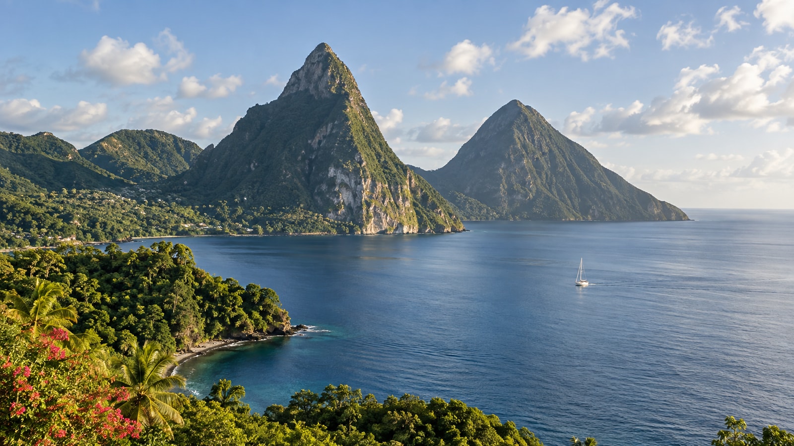 Steep forested peaks above a blue coastal bay.