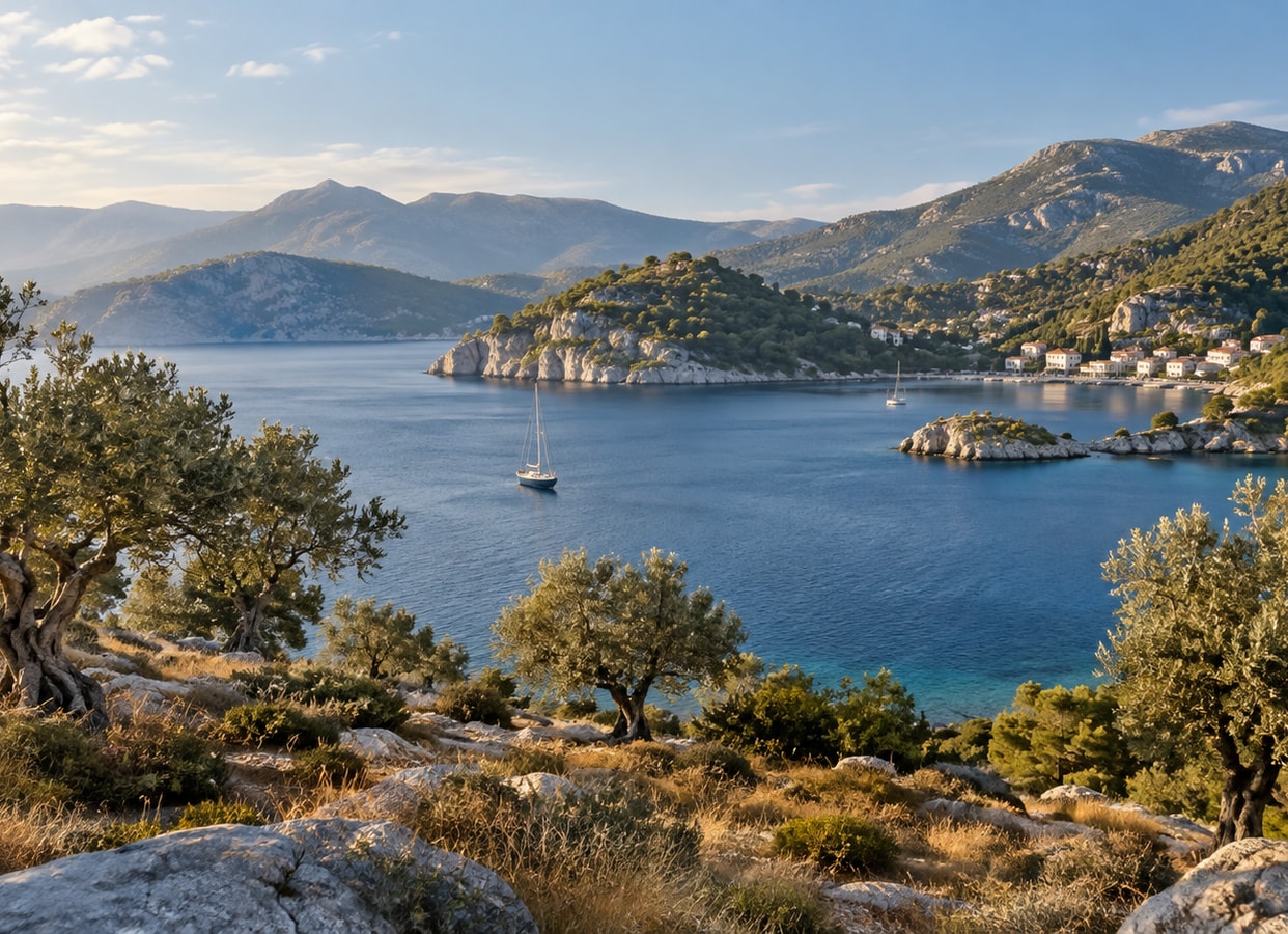 Blue coastal water beneath pine-covered hills.