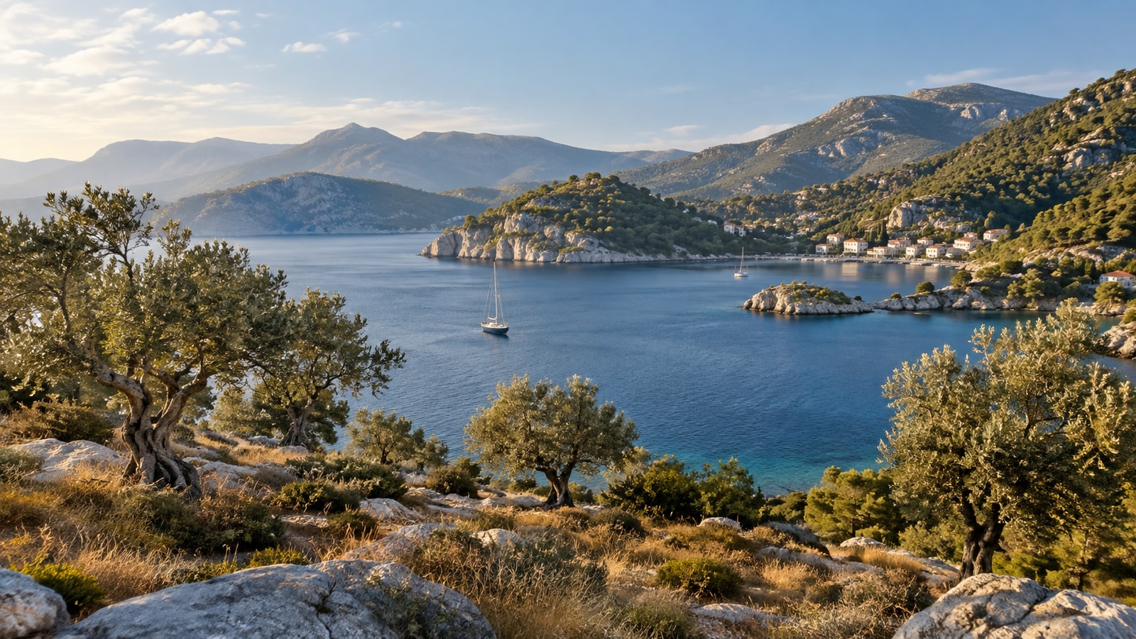 Blue coastal water beneath pine-covered hills.