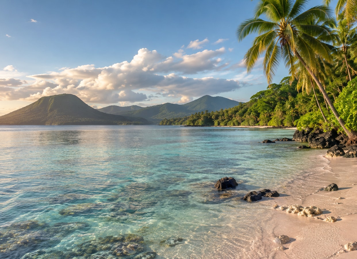 A tropical shore with palms and distant island hills.