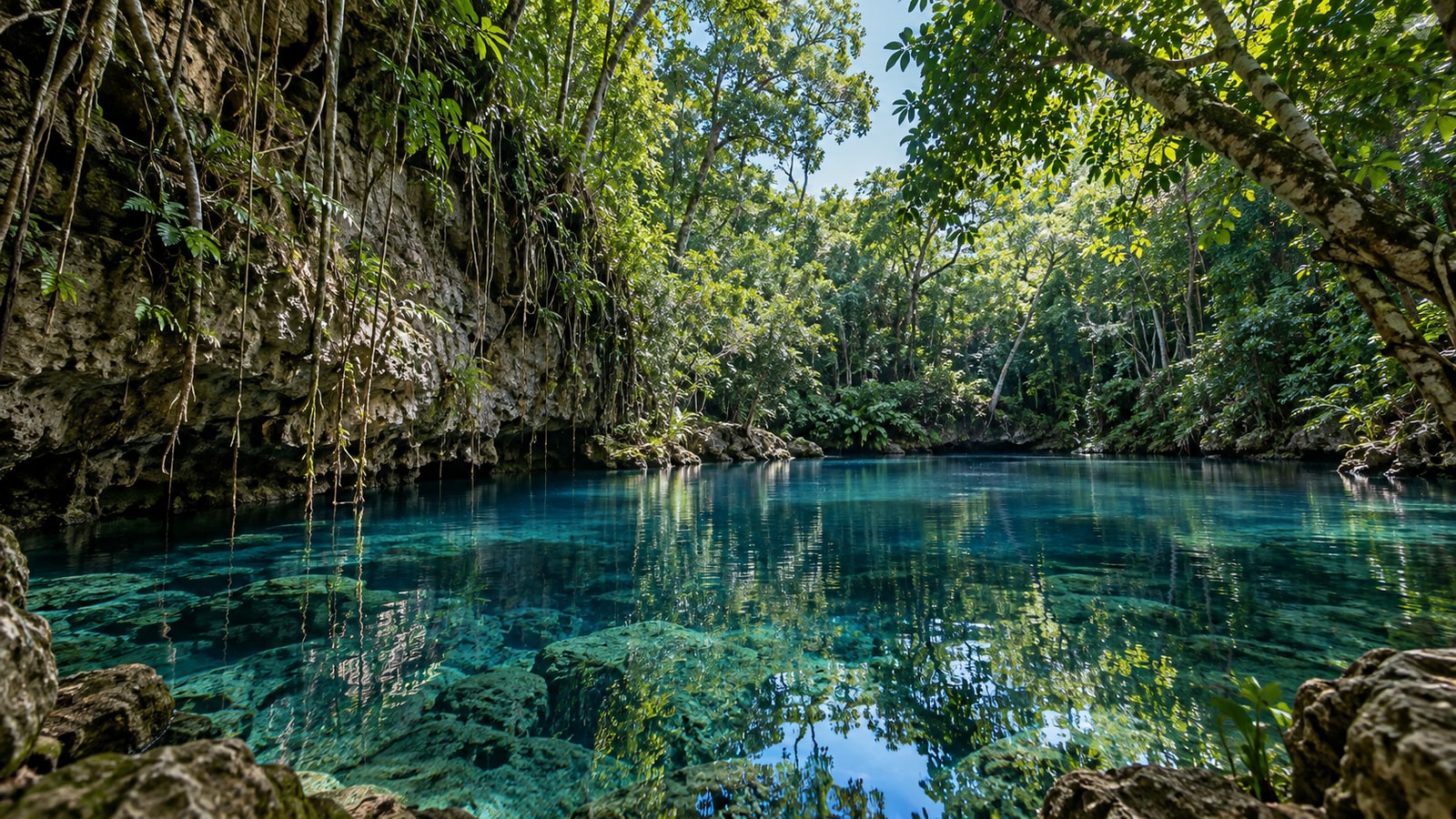 A clear blue pool surrounded by dense tropical forest.