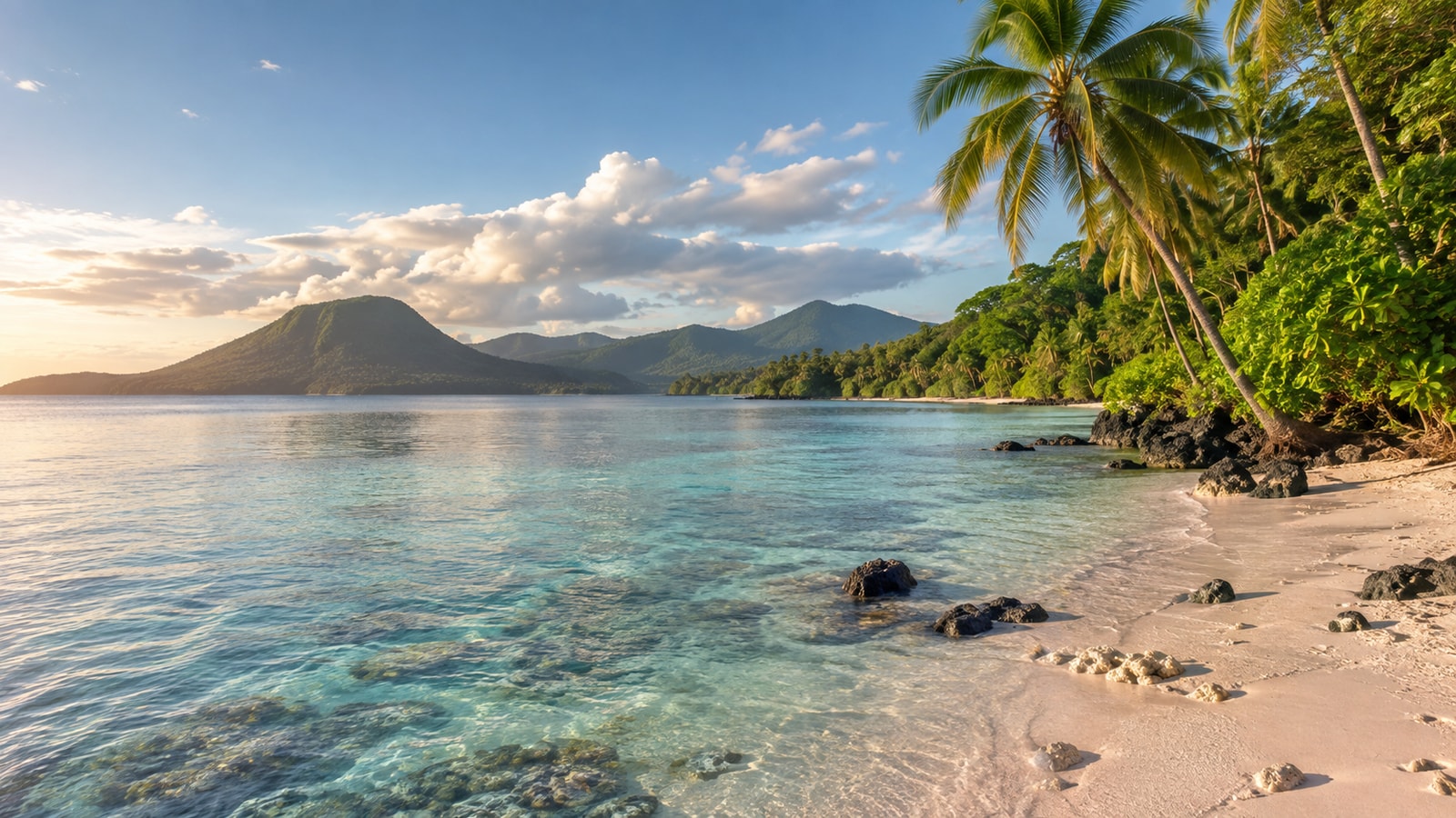 A tropical shore with palms and distant island hills.